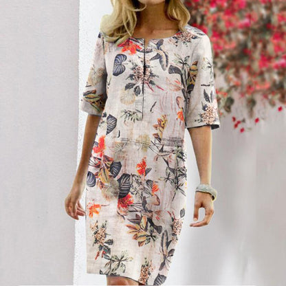 Summer Floral Leaf Print Slit Round Neck Half Sleeve Dress