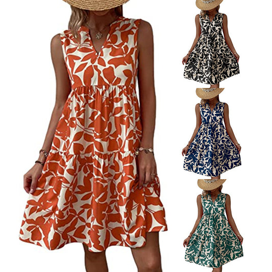 Bohemian Loose V-neck Pleated Print Sleeveless Dres