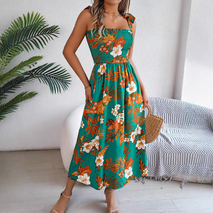 Flowers Print Suspender Corset Long Dress