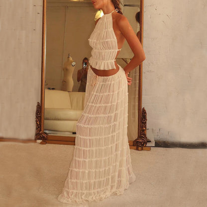 2pcs Women's Dress Suit Sexy Sleeveless Backless Cropped Halter Top And Pleated Long Skirt