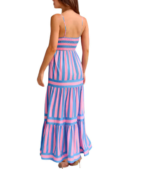 Summer Striped Printed Suspender Long Dress With Pockets