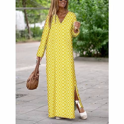 Summer Geometric Printed V-neck Long Dress Fashion Long Sleeve Slit