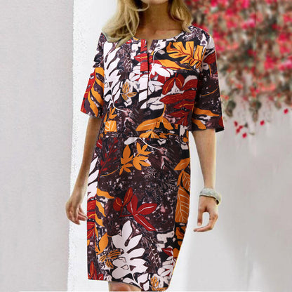 Summer Floral Leaf Print Slit Round Neck Half Sleeve Dress