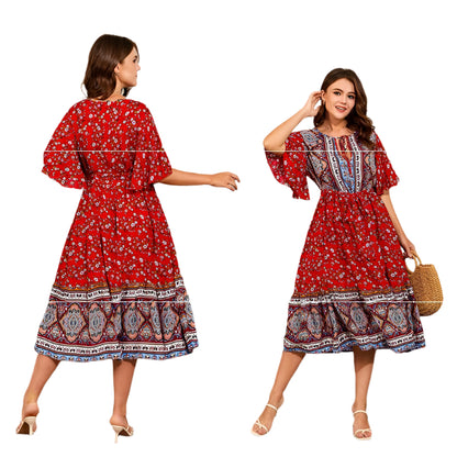 V Neck Print Beach Dress