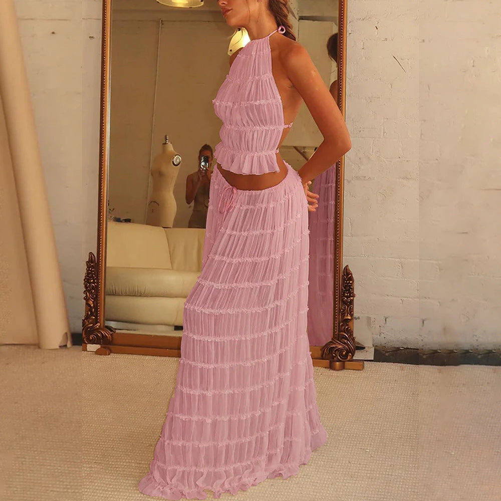 2pcs Women's Dress Suit Sexy Sleeveless Backless Cropped Halter Top And Pleated Long Skirt