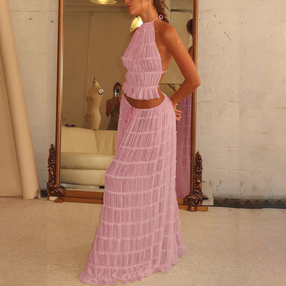 2pcs Women's Dress Suit Sexy Sleeveless Backless Cropped Halter Top And Pleated Long Skirt