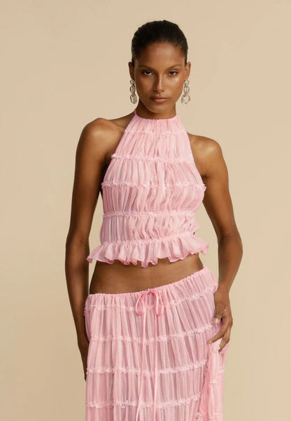 2pcs Women's Dress Suit Sexy Sleeveless Backless Cropped Halter Top And Pleated Long Skirt
