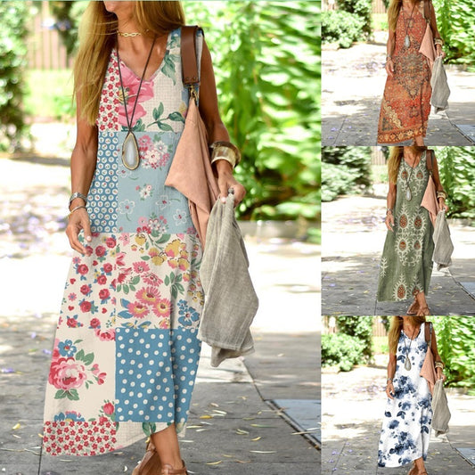 Elegant Floral Printed V-neck Sleeveless Dress
