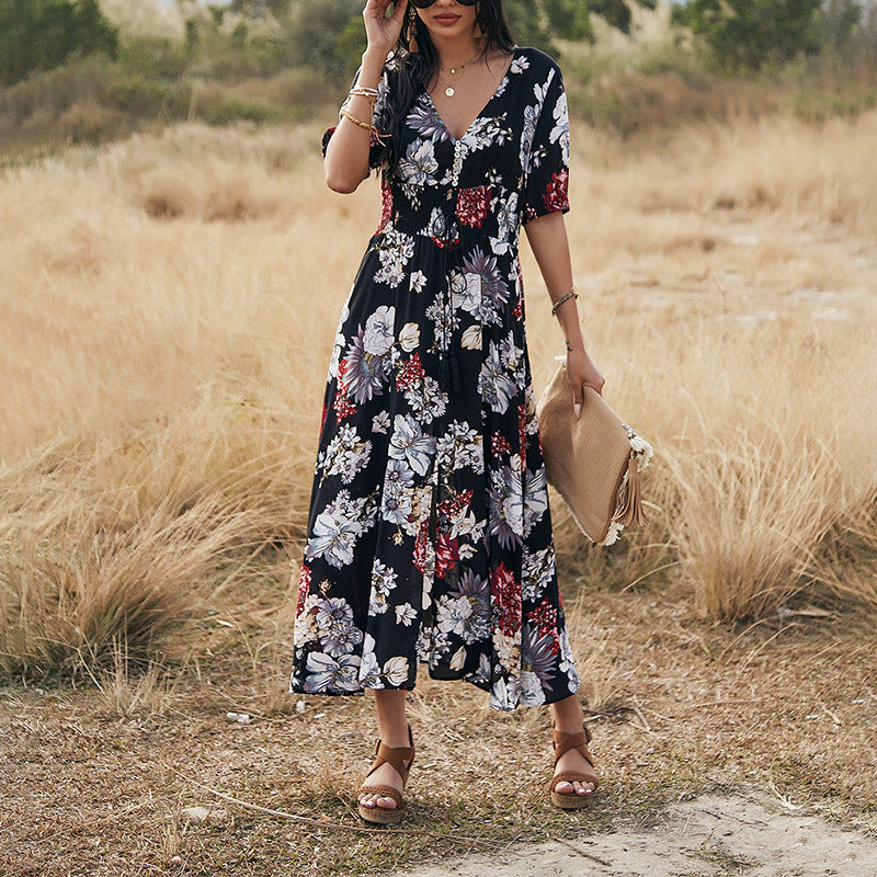 Floral Summer Dress With V Neck Elastic Waist