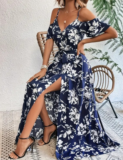 Flower Print Split Suspender Dress With Lace-up