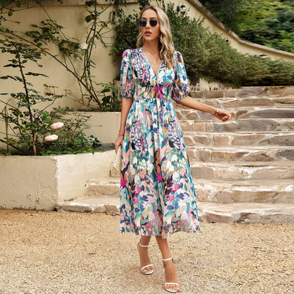 New V-neck Printed Short-sleeved Long Dress